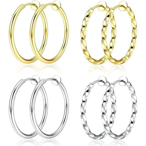 FLORIDECO Women's 2-Pair Unisex Eco-Friendly Nontoxic Twisted Hoop Earrings Set - Clip-On Spring Style, Quality Brass, Sensitive Ears Safe, Non-Pierced Ears Suitable, Daily Wear Costume Jewelry,summerwins