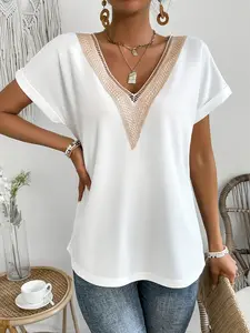 Elegant V-Neck Lace Embellished Waffle Knit Top for Women - Short Sleeve Rolled Cuff Loose Fit Blouse