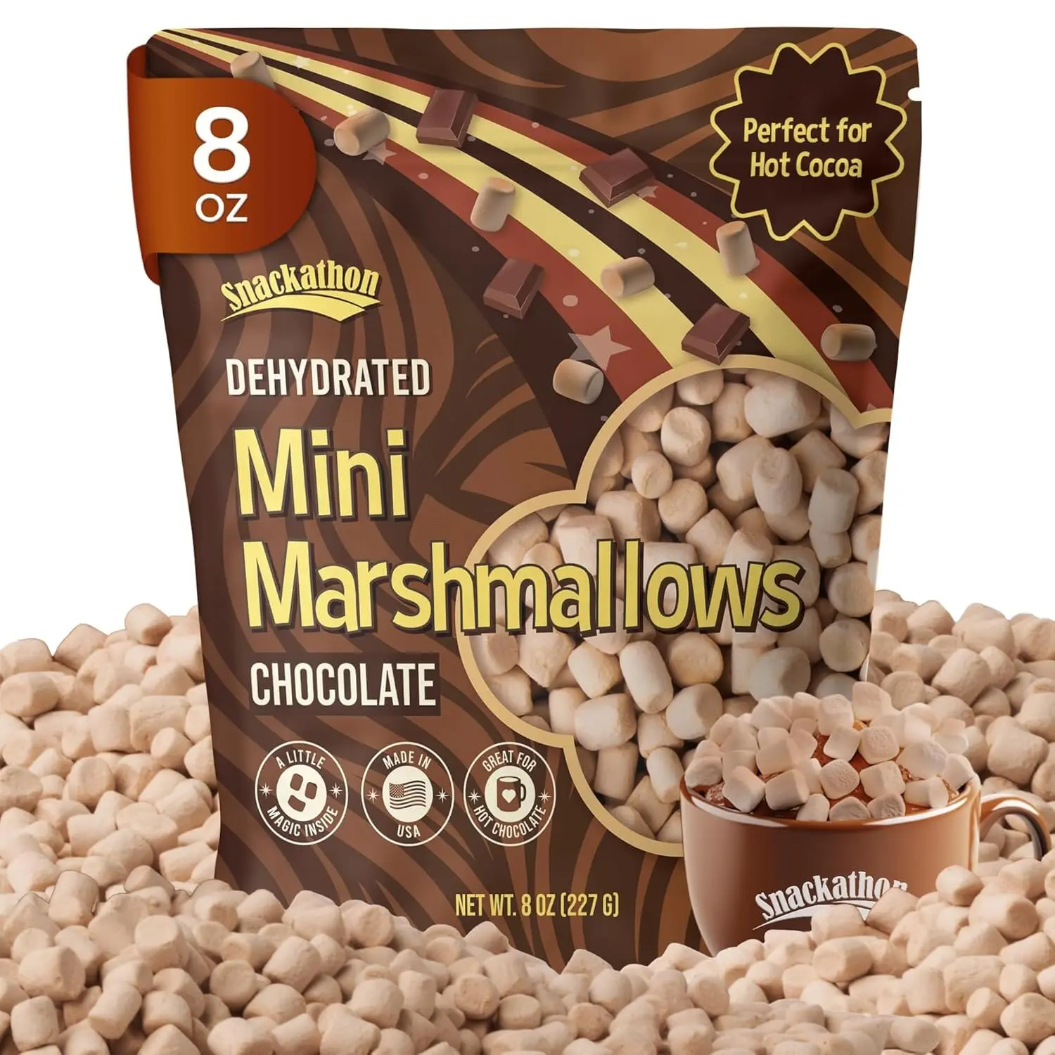 Snackathon Chocolate Mini Dehydrated Marshmallows – 8 oz Resealable Bag (Crunchy Topping for Hot Chocolate, Baking & Desserts)