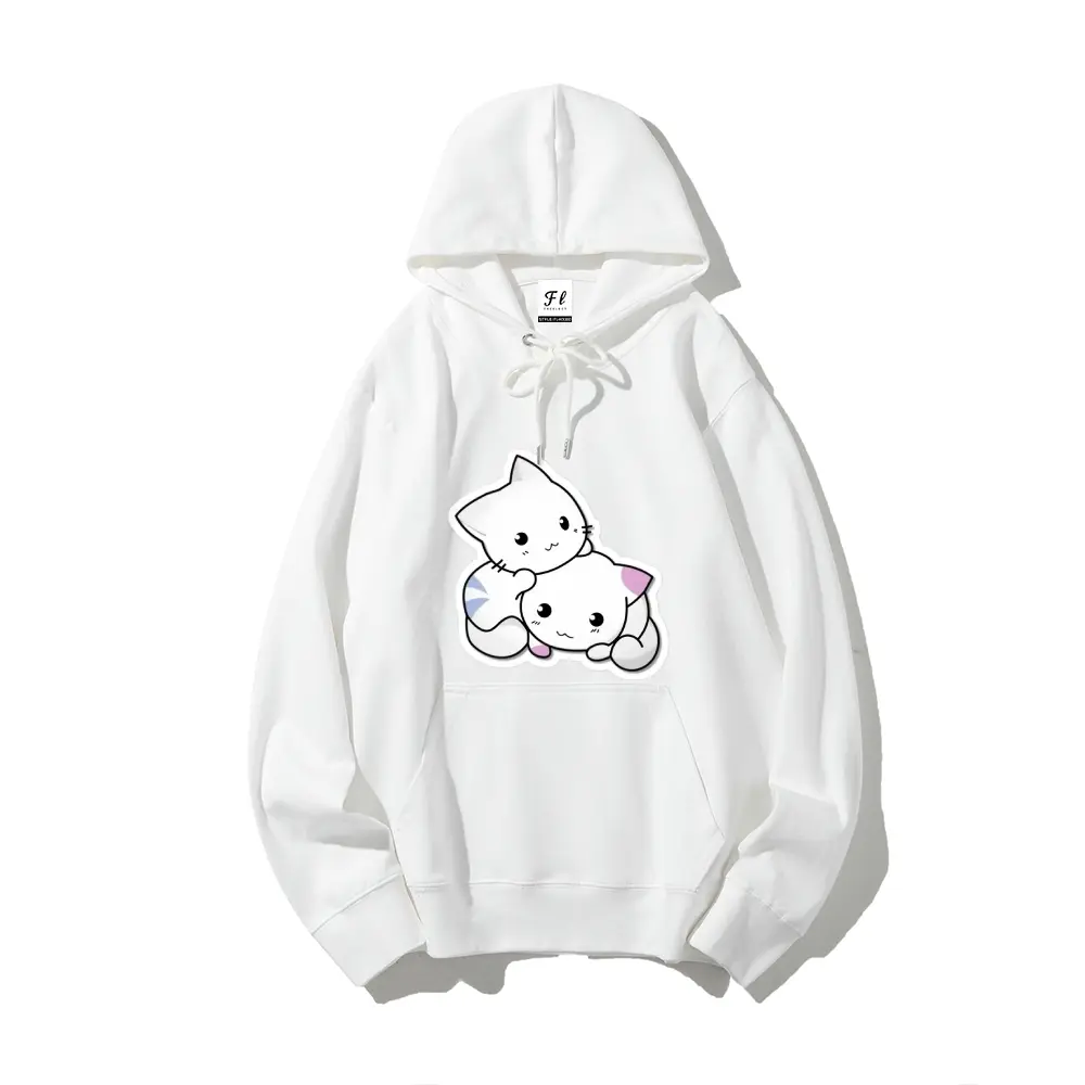 Cute Snuggling Kittens Hoodie, Unisex White Oversized Pullover, Kawaii Cat Print Casual Sweatshirt for Cat Lovers & Cozy Style Fans