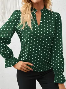 A women's fashion new style top featuring a stand collar with a small V-neck design, ruffled trim, and red polka dot pattern, with a stand colbell sleeves; suitable for retro commuter style, date night looks, and various other outfits.