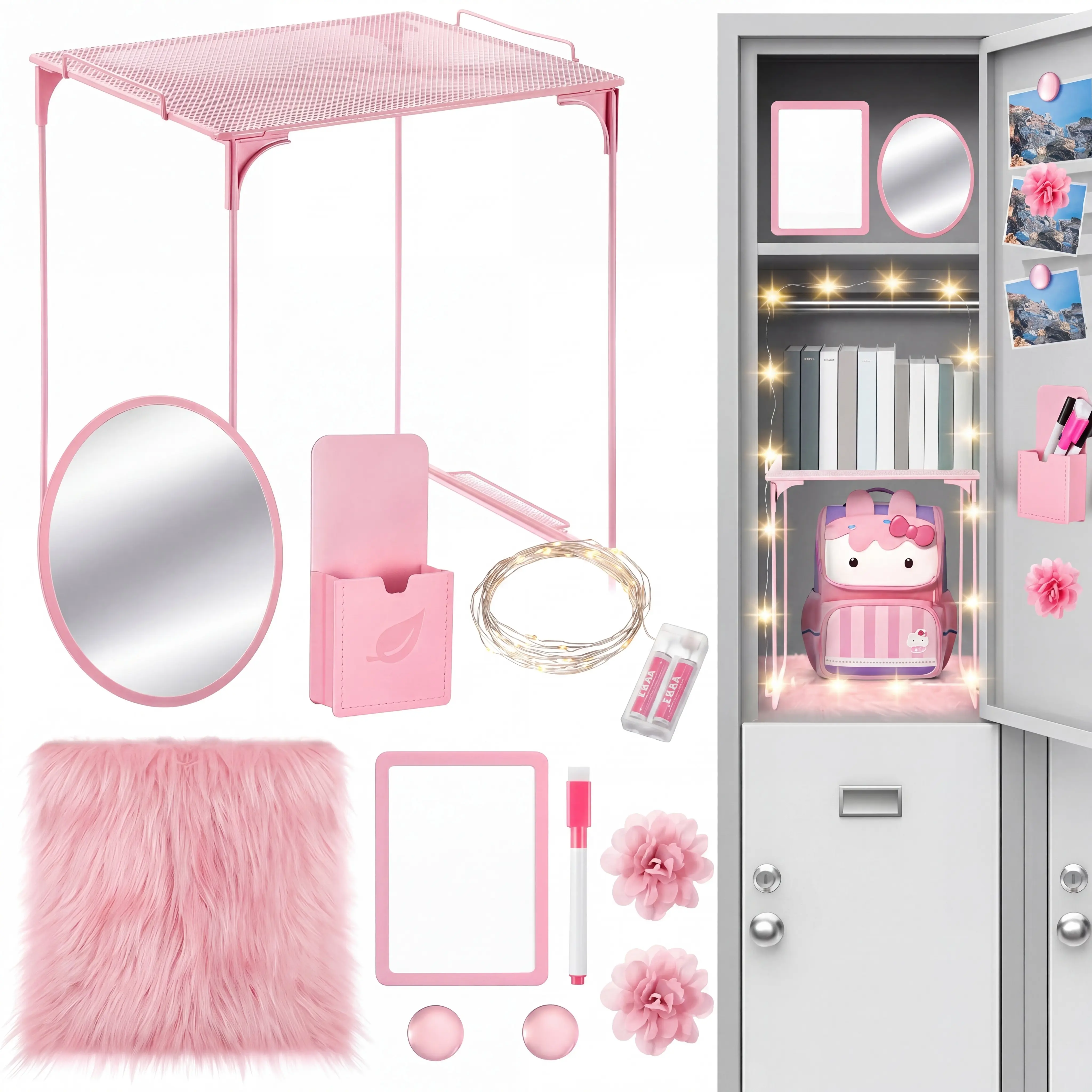 Back to School Locker Decorations Accessories Included Locker Shelf Magnetic Mirror Pen Holder Whiteboard Marker Faux Fur Rug Light String and Magnet for Back to School Essentials Decorations First Day of School Gifts