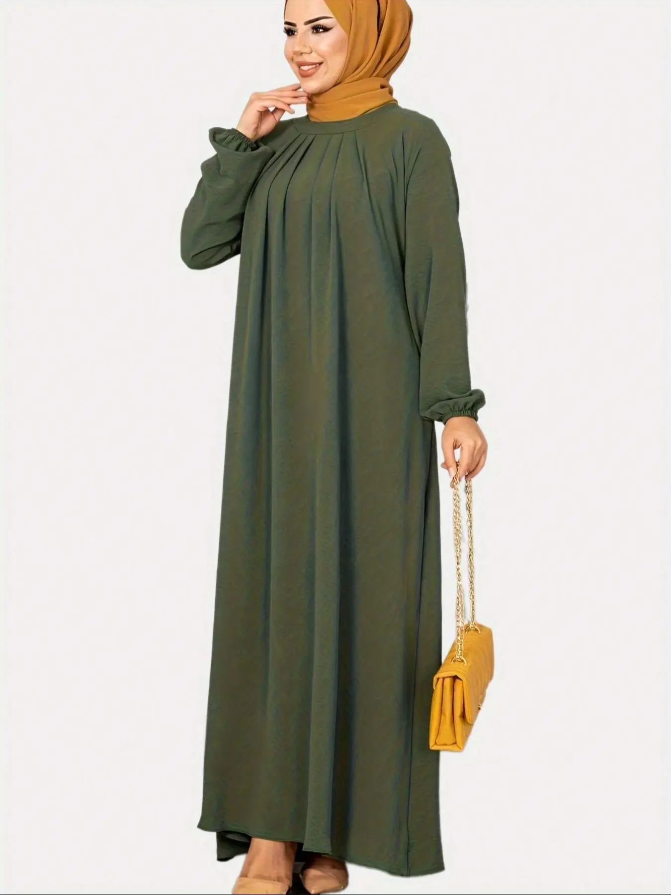 Women's Solid Plicated Bishop Sleeve Tunic Dress, Casual Long Sleeve Round Neck Maxi Dress for Daily Wear, Ladies Clothes for All Seasons, Muslim Women Gowns, Modest Style Dress, Modest Muslim Outfits, Modest Islamic Clothing, Long Sleeve Dresses
