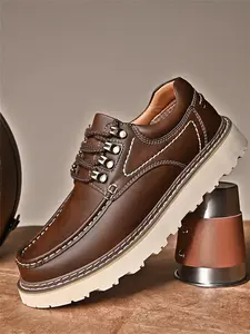 Men's Casual Lace Up Oxford Shoes, Fashionable Solid Color Derby Shoes for Outdoor Hiking, Male All-match Round Toe Shoes for Daily Wear, Leather Shoes