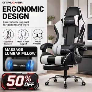 GTPLAYER PU Leather Computer Gaming Chair - Ergonomic 360° Swivel Office & Man Cave Furniture with Padded Arms, Footrest, Lumbar Support, Headrest, Height Adjustment (Pearl White)