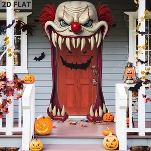 1set/3pcs 2D FLAT Clown Party Festive Backdrops & Banners, Polyester Halloween Door Banner/ Cover- Scary Clown Banner Entrance Porch Sign, Halloween Indoor Outdoor Decorations Party Supplies