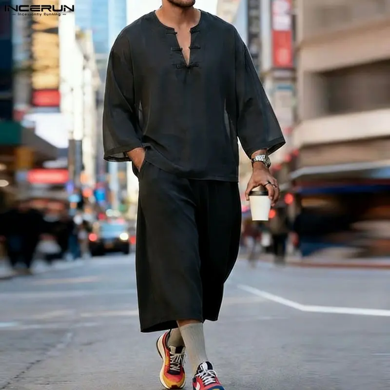 INCERUN 2 Piece Mens Clothes Set, Traditional Baggy Boho Tunic with Knot Closures & Cropped Pants for Vacation, V-Neck, Men's Wear, Fashion, Menswear, Matching, Loose, Casual, Men's 2 Piece Sets, Tunic Set