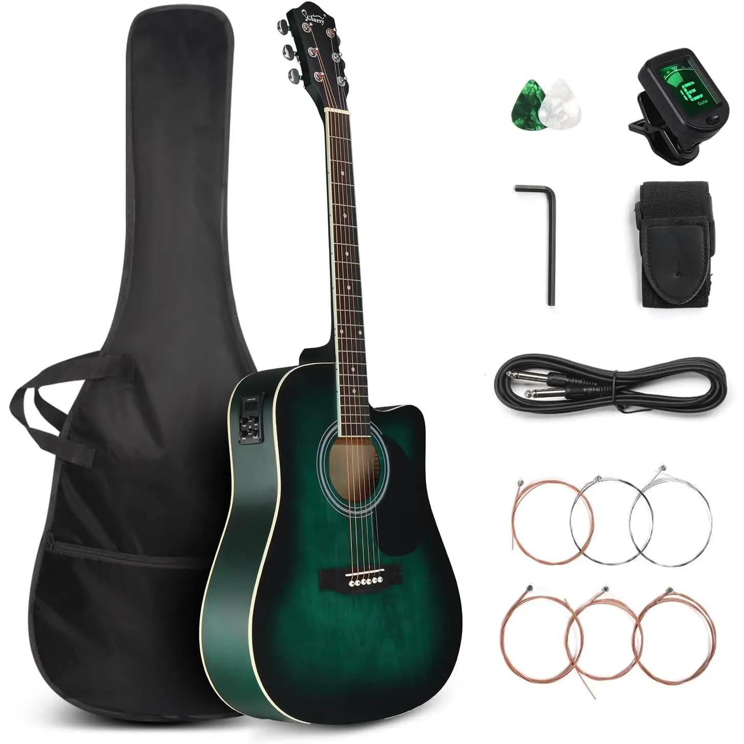 GLARRY 41-Inch Full Size 6-String Cutaway Electro-Acoustic Guitar Beginner Kit - Basswood Body, Inbuilt Tuner, Finger Guard, Bag, Strap, Picks, Strings & Accessories, Finger Guard Electro-Acoustic Guitars