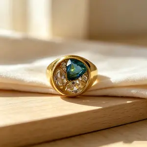Gold Plated Copper Dome Signet Ring, Bezel Set Trillion London Blue Synthetic zirconia Marquise Clear Zircon, Unisex Blue White Contrast Stackable Retro Jewelry