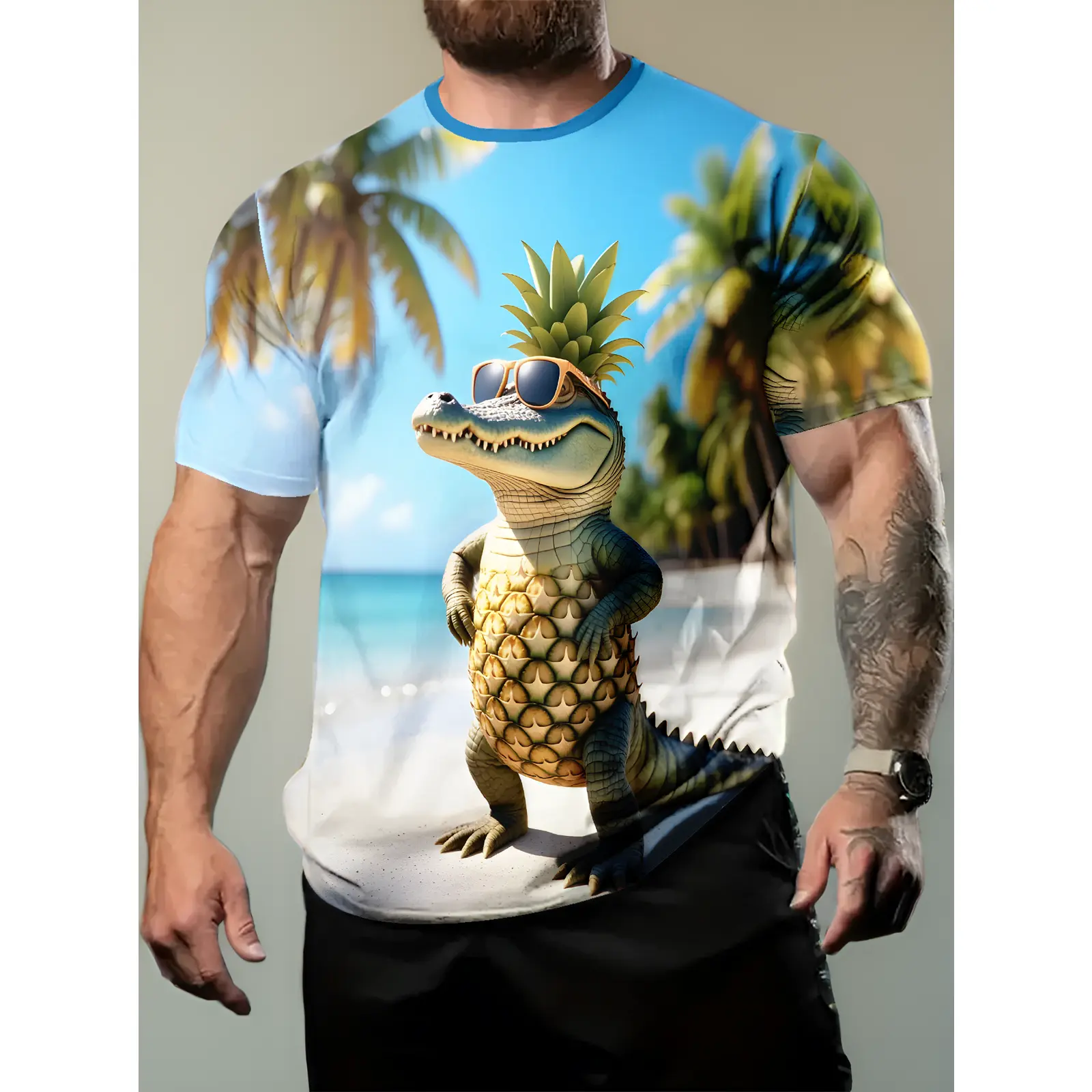 Summer Men'S 3D Digital Printing Funny Pineapple Crocodile Beach T-Shirt, Casual Comfortable Versatile Men'S Round Neck Short Sleeve, Suitable for Daily And Sports Wear, Perfect Gift for Men, Plus Size