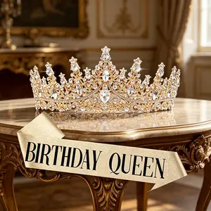 2-Piece Sparkling Gold Crown Set – Crystal-Embellished Tiara, Wearable Hair Accessory & Home Decor Statue – Ideal for Wedding, Birthday, Princess Party Gift