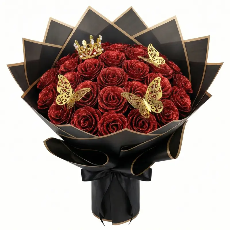 24Pcs DIY Glitter Roses Bouquet – Shiny Artificial Red Roses Bouquet Fake Rose Birthday，Anniversary, Engagement, Wedding, Gifts for Women DIY Decorations Gift Set
