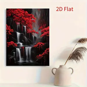 2D Flat 1pc Framed Canvas Wall Art-Stunning Crimson Waterfall Landscape Painting, Wooden Frame Home Decor for Living Room, Bedroom, Office, Thickened High-Quality Canvas, Vibrant Wall Art for Modern& Classic Room Decor, Ready to Hang, 2D Flat