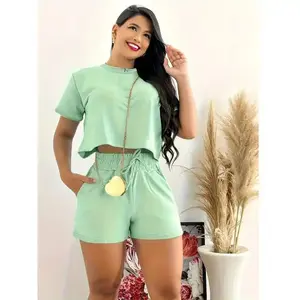 Elegant woman Two-piece Set of Elegant Directional + Solid Color Short Top + Shorts