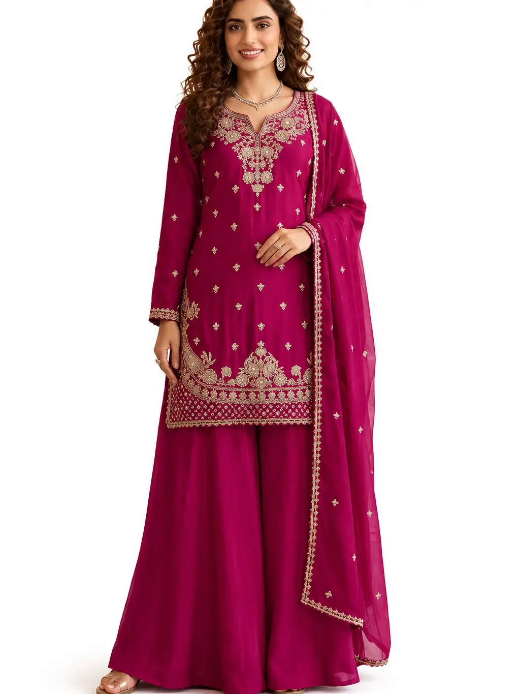 Elegant Magenta Embroidered 3PC Sharara Suit with Dupatta | Wedding & Party Wear