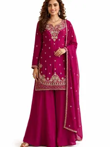 Elegant Magenta Embroidered 3PC Sharara Suit with Dupatta | Wedding & Party Wear
