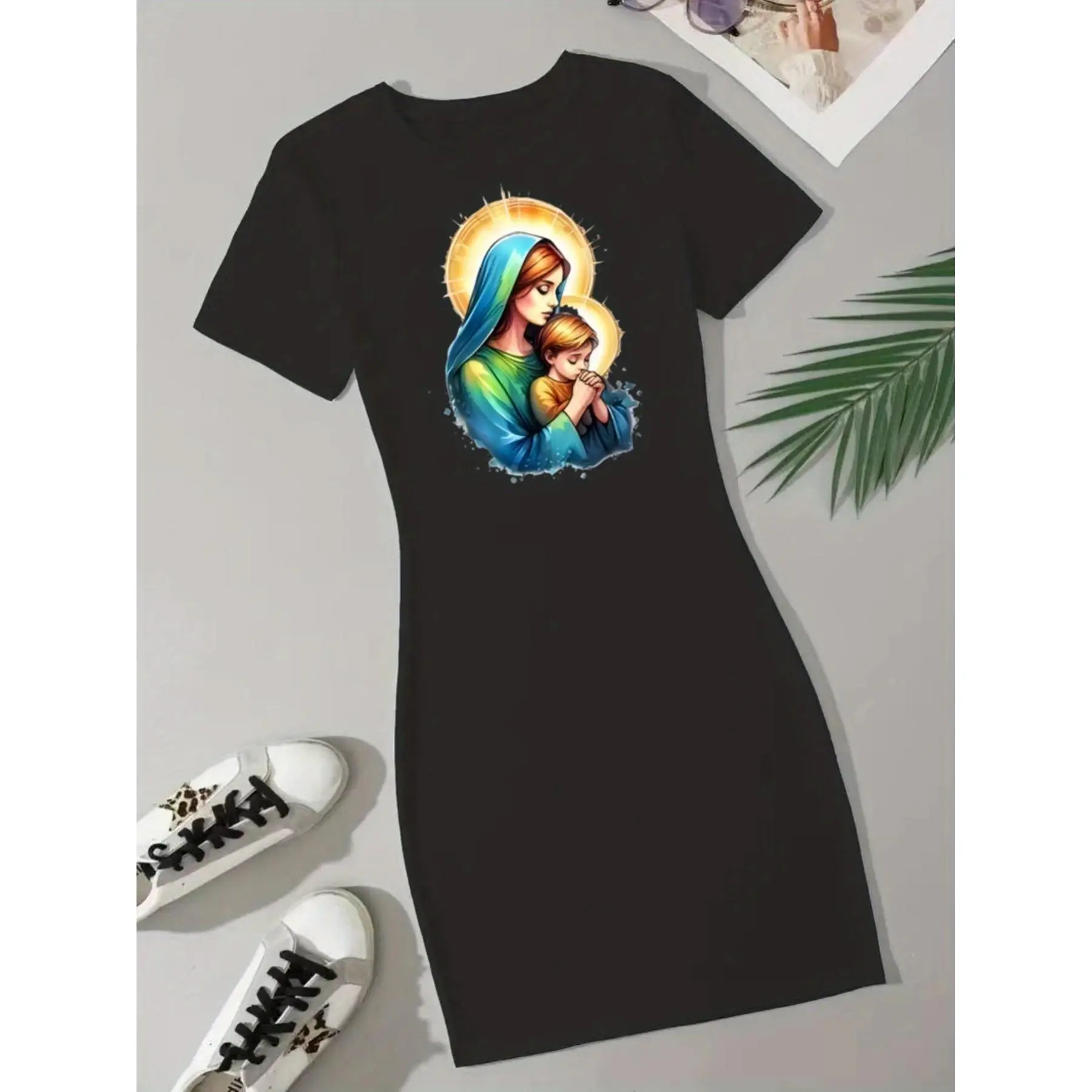 Women's Our Lady of Guadalupe & Jesus T-Shirt Dress - Short Sleeve Knee-Length Catholic Icon Print Dress, Machine Washable Elastic Fit, Spanish Outfit for Church Events & Casual Attire (Black)