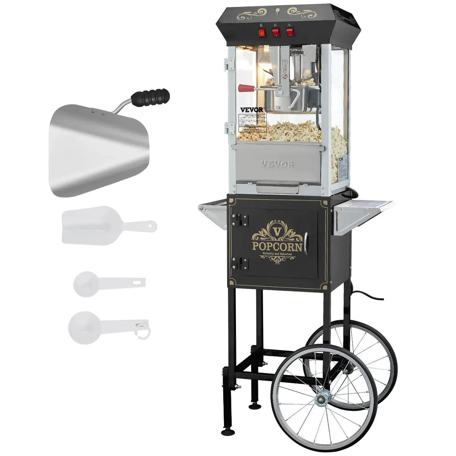 【Summerfinds】VEVOR Popcorn Maker with Cart,  850W Popcorn Popper Machine, 8 Oz Kettle Makes 48 Cups per Batch, Popcorn Maker Equipped with Tempered Glass, Includes 4 Scoops, Movie Theater Style, Black