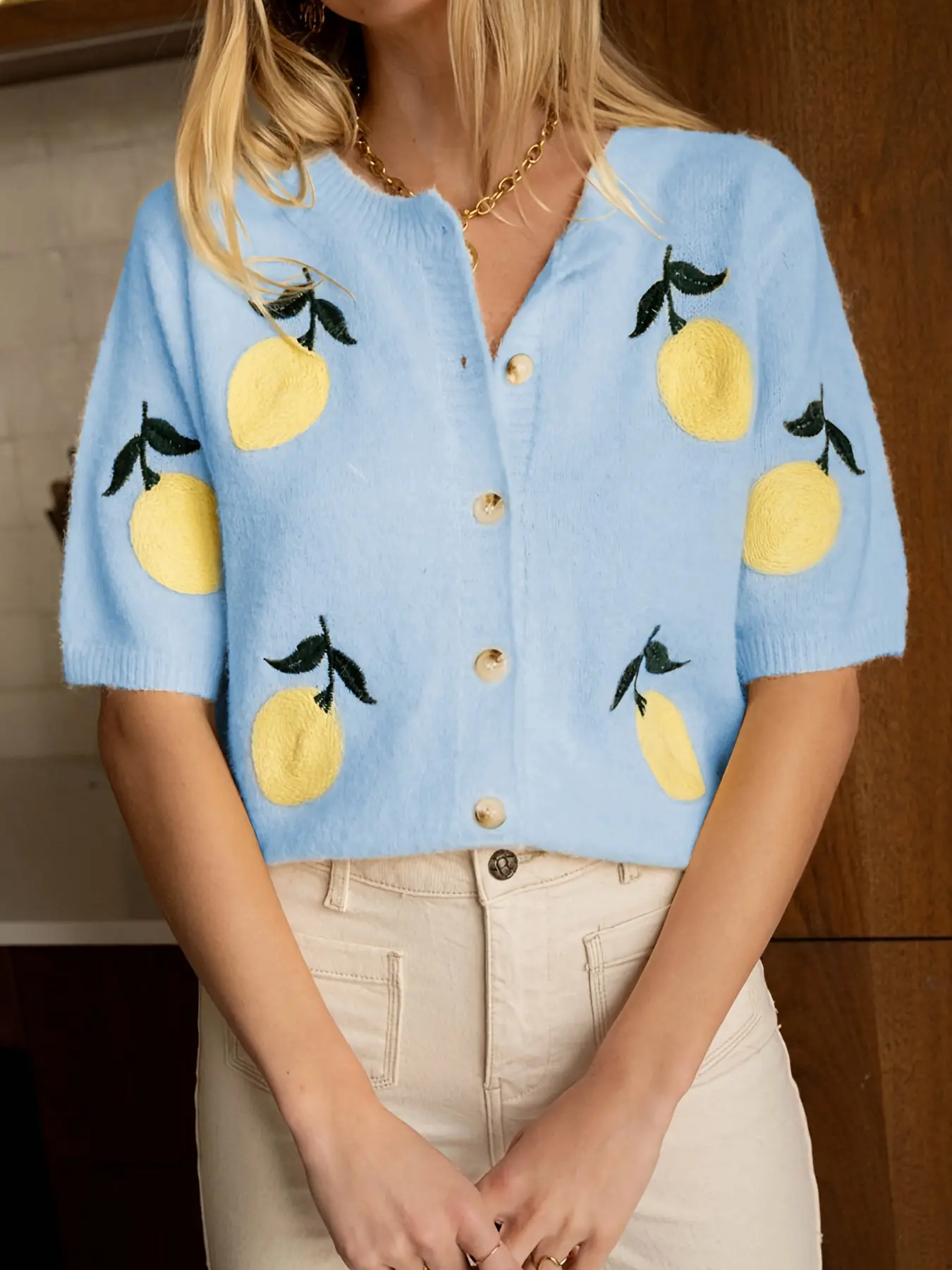 Women's Fashion Chic Lemon Embroidered Embellished Knit Cardigan, Knitwear, Collared Short Sleeve Single Button Design, Casual Summer Everyday Wear Sweater, Embroidery