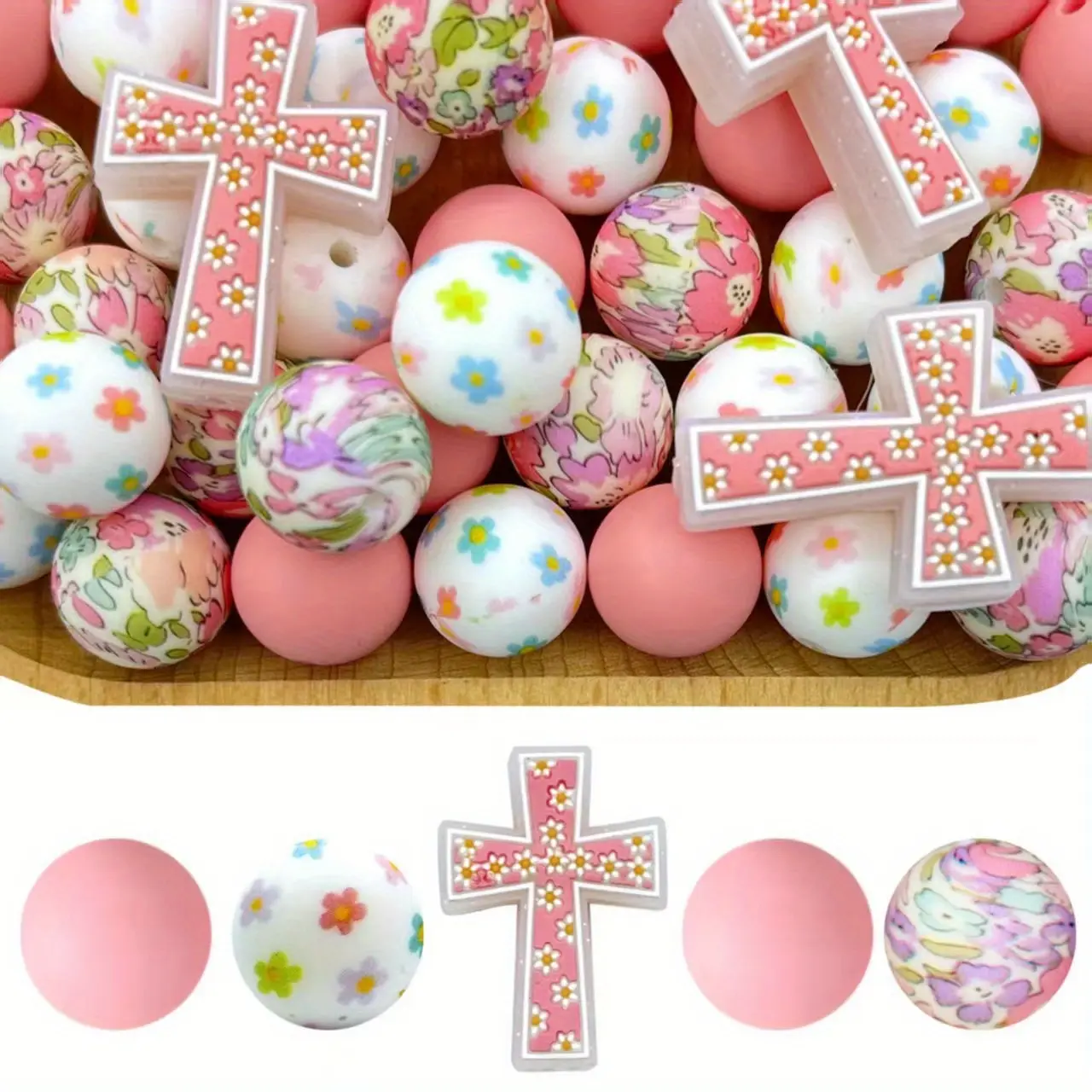 50 Pieces Feminine Soft Lightweight Silicone Christian Statement Bead Assortments - 0.08 inch, 0.59 inch Diameter Red Cross-Pink Floral Design DIY Beading Supplies for Jewelry Making, Keychain Decorations - Shiny Craft Accents