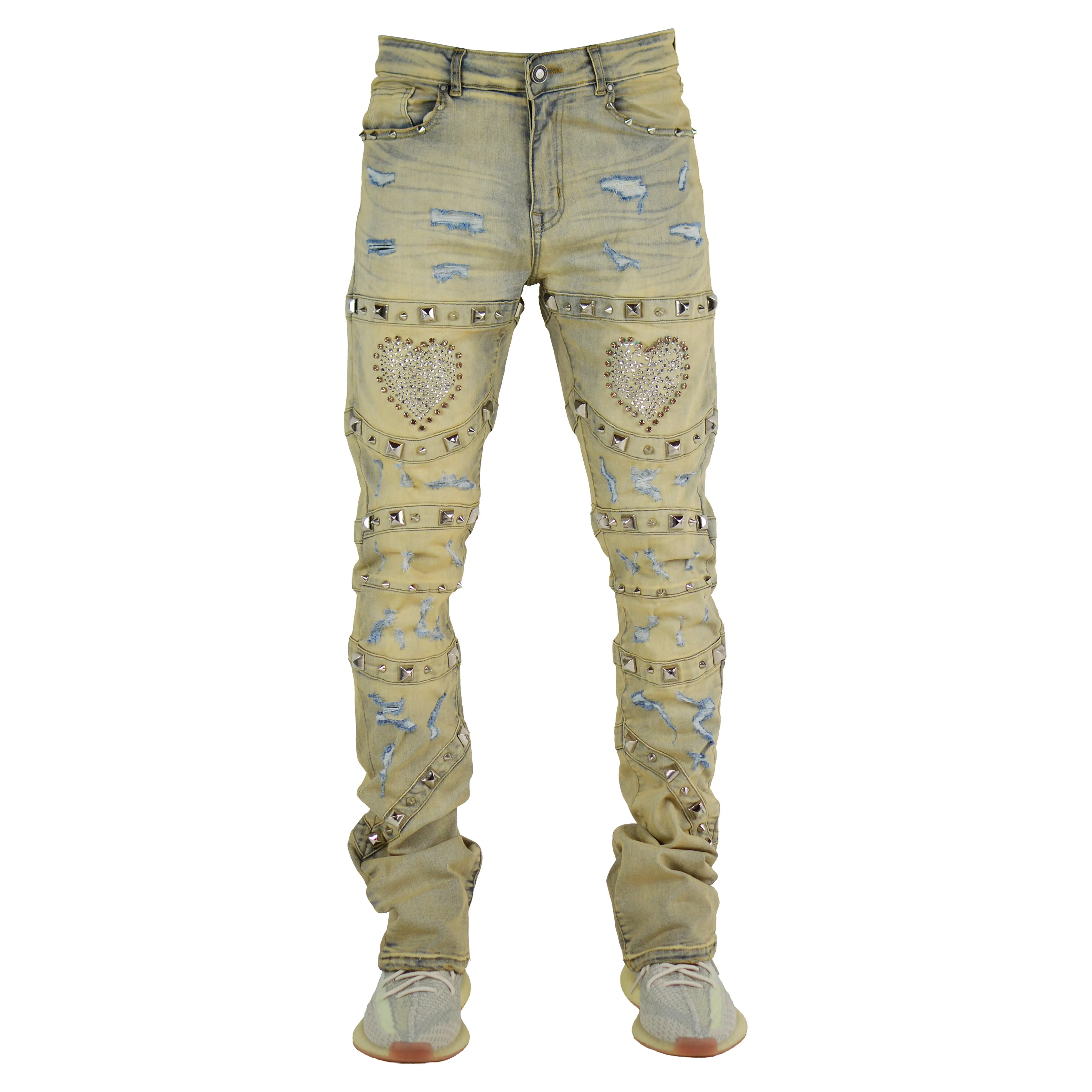 Men's Amore Stacked Denim Jeans - Rhinestone Heart, Studded, Slim Tapered Fit, Vintage Wash, Stretch Cotton-Spandex Menswear Pants with Pocket