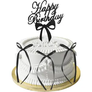 6 Pcs Black Bows for Cake and 1 Pc Black Happy Birthday Cake Topper, Ribbons Cake Decorations Bow Cake Topper for Coquette Birthday Party Decorations Baby Shower Party Wedding
