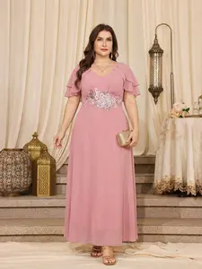 Plus Size Women's V Neck Chiffon Splicing Lightweight Short Sleeve Formal Evening Wedding Long Dress, Cocktail/dinner Party Gown