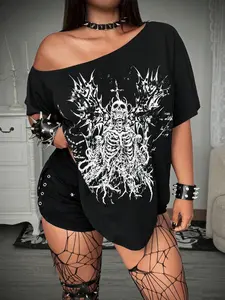 Women's Off Shoulder Skeleton Graphic T-Shirt, Gothic Death Metal Print Y2K Grunge Top, Trendy Curved Hem Casual Streetwear Tee For Daily Wear & Concert Outfits, Womenswear