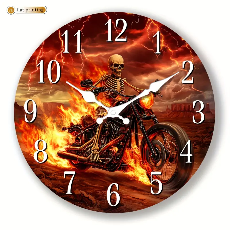 1 piece vintage rustic style motorcycle skull riding on flames, silent wall clock - 2D flat print clock, suitable for living room, kitchen, home art decoration, Halloween, Christmas decoration, ideal birthday gift
