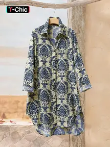 Women's Boho Vintage Floral Print Elegant Aesthetic Long Sleeve Long Shirt Blouse, Casual Fitted Woven Fabric, Moderate Thickness, All Seasons Wear, Stylish Women's Clothing