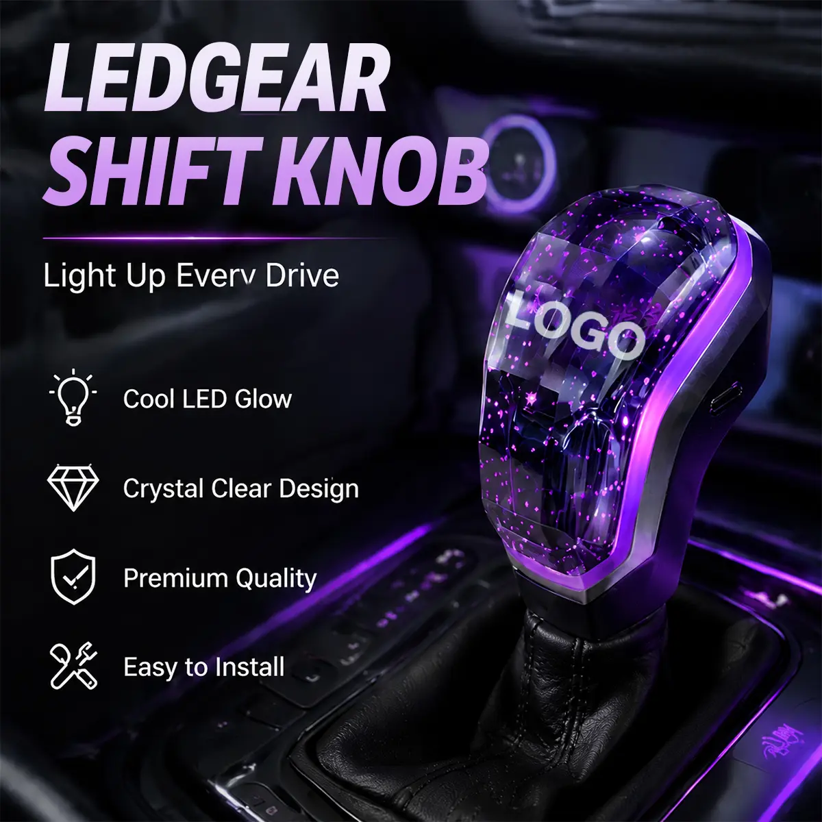 Starry Glitter Crystal Gear Shift Knob, Purple LED Glow Ambient Light Automatic Shifter Universal Car Interior Decoration Accessories, Sparkling Rhinestone Bling Aesthetic Car Decor Ornaments