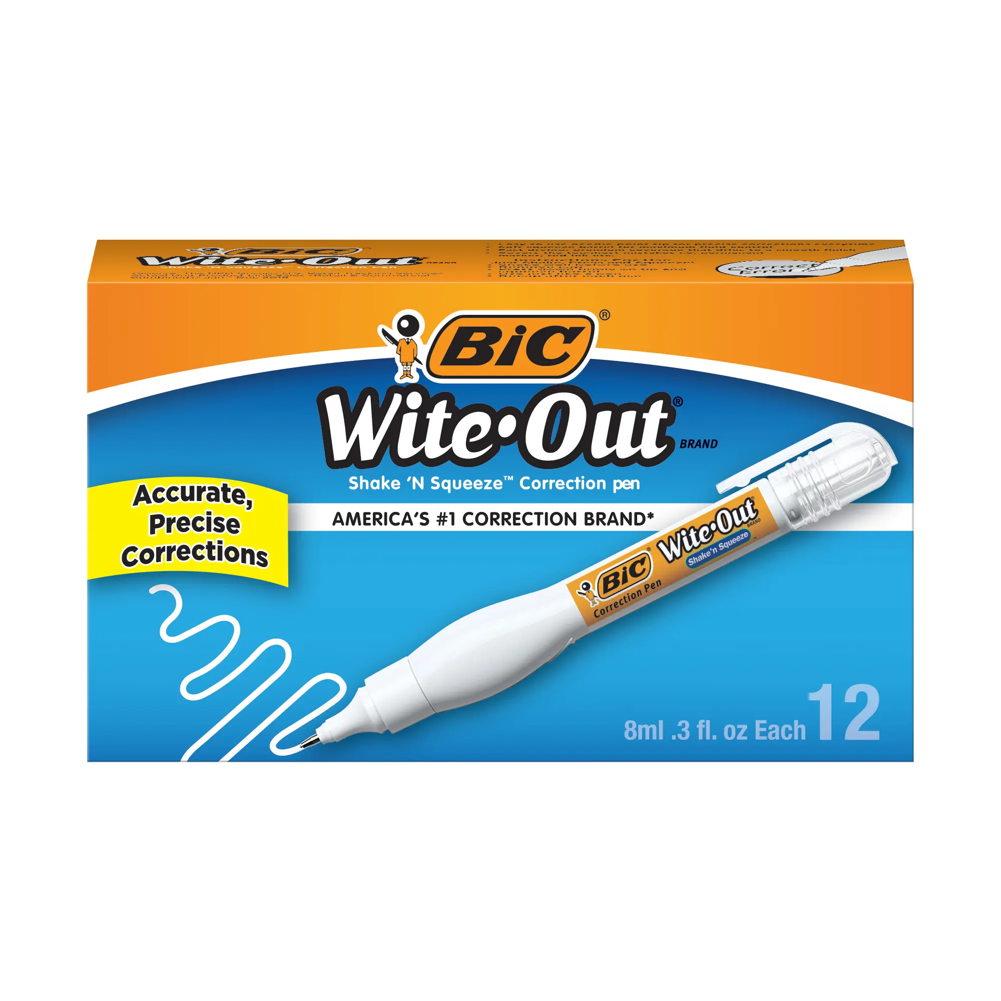 BIC Wite-Out Brand Shake 'n Squeeze Correction Pen, 8 ML Correction Fluid, 12-Count Pack of white Correction Pens, Fast, Clean and Easy to Use Pen Office or School Supplies