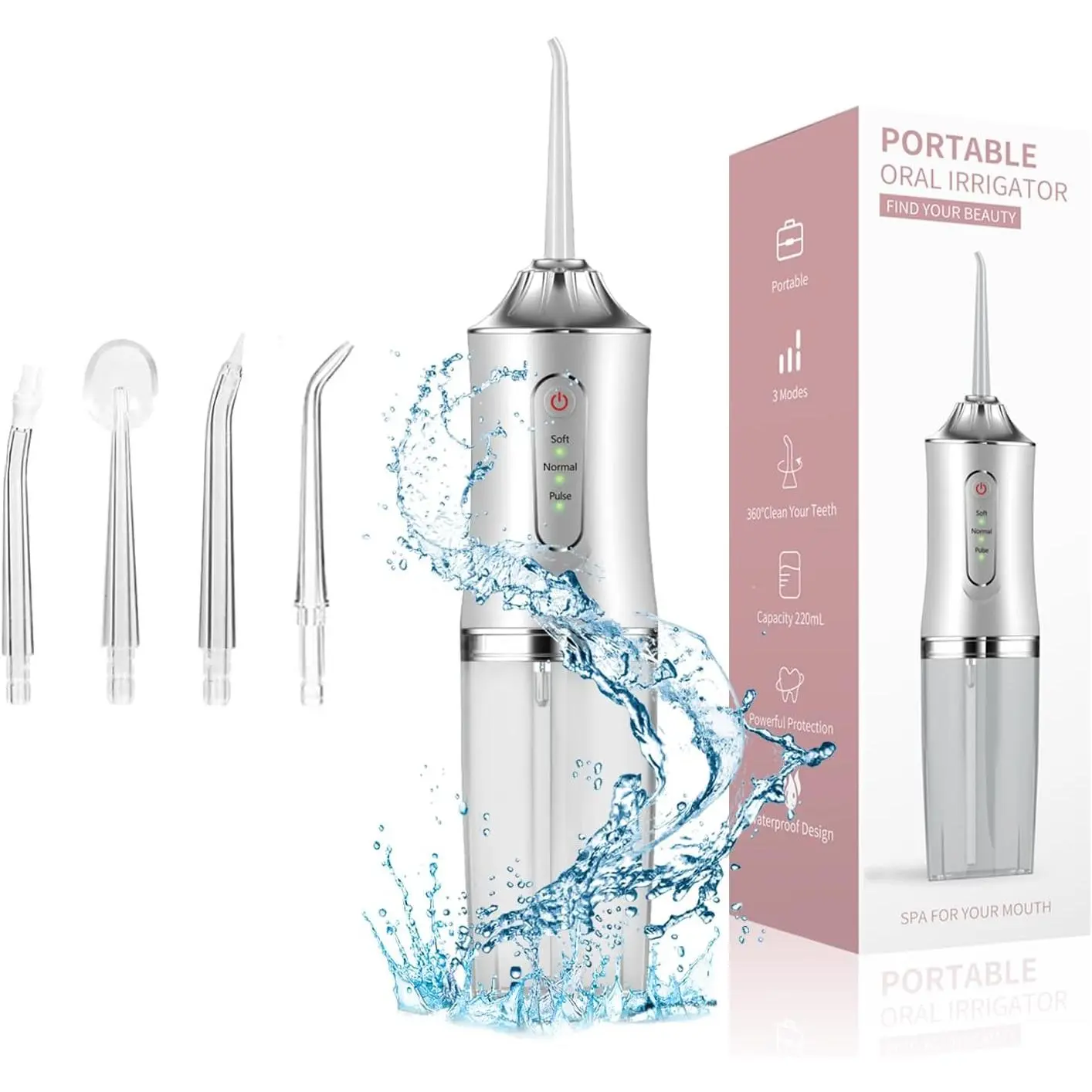 Cordless Oral Irrigator Cleanser, 3h Charge Rechargeable (45-Day Battery Life), IPX7 Waterproof, 300ML Tank, 3 Modes, 4 Nozzles, Rotatable Tip, Portable Dental Accessory, Teeth Plaque Remover, Deep Clean Oral Care, Gift for Christmas/Father's Day/Birthday