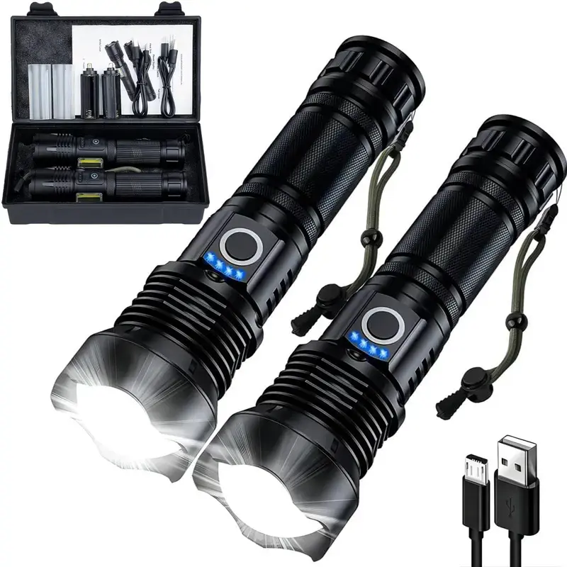 2 Pack Rechargeable Flashlights High Lumens, 90,000 Lumens Super Bright Flashlight-Storage Box, 5Modes LED Flashlight Rechargeable, Adjustable Tactical Flashlights High Powered, Flash Lights for Emergency Camping Home，Christmas gift