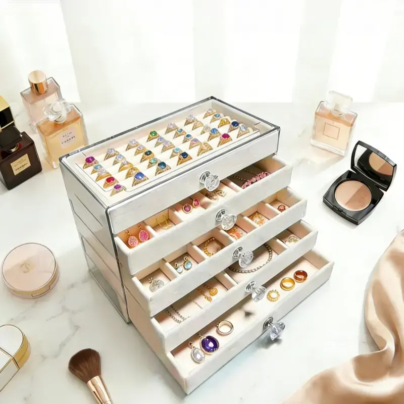 Classic 5-Layer Dustproof Jewelry Storage Box with Transparent Lid, Multi-Compartment Organizer for Earrings, Necklaces, Rings, Bracelets, Dresser Organization Unit for Home Vanity & Desktop Collapsible Bins
