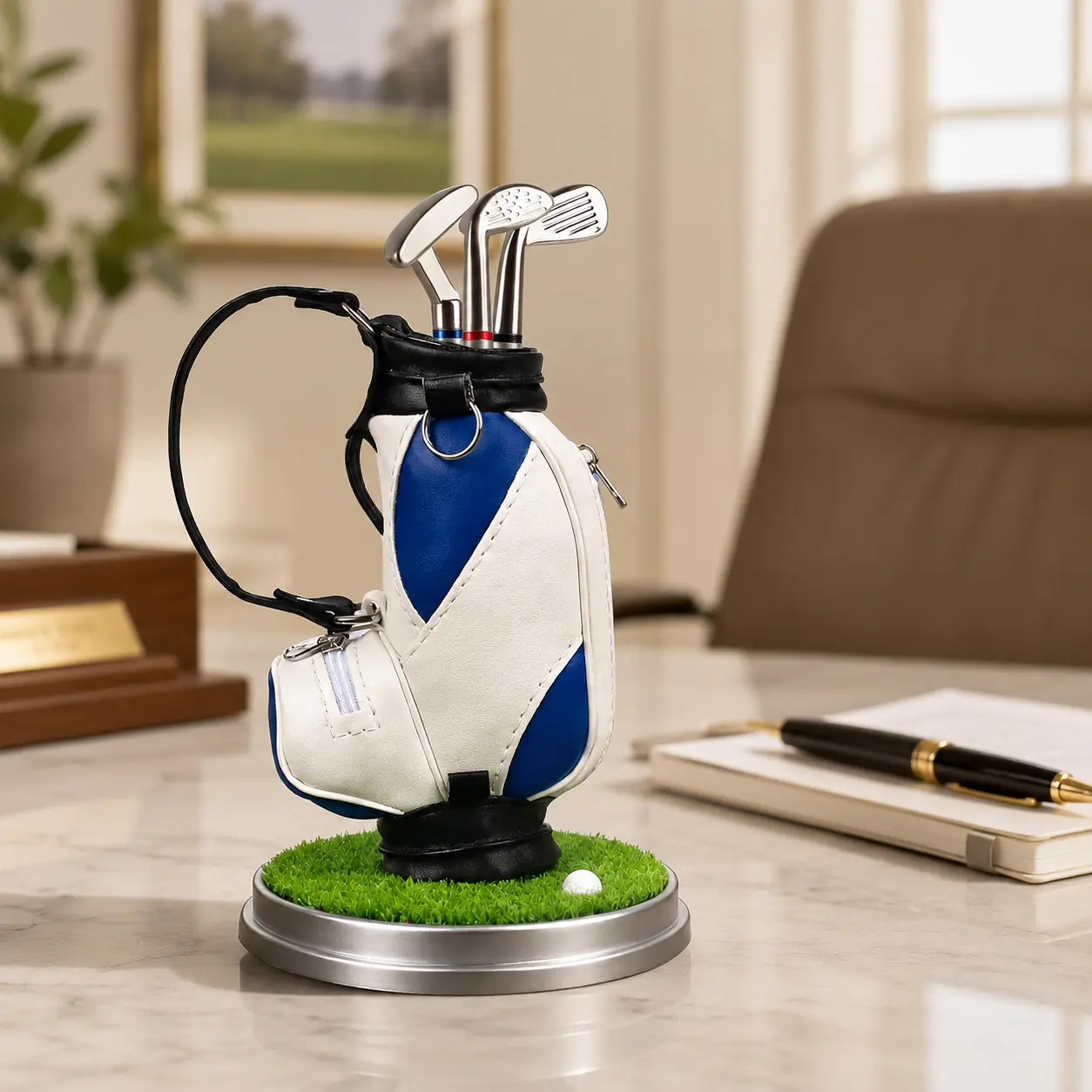 Golf Pen Holder with 3-Pen Set, Creative Design for Office Desk Decoration, Ideal Holiday Gift for Office Workers, Office Accessories, Golf Theme