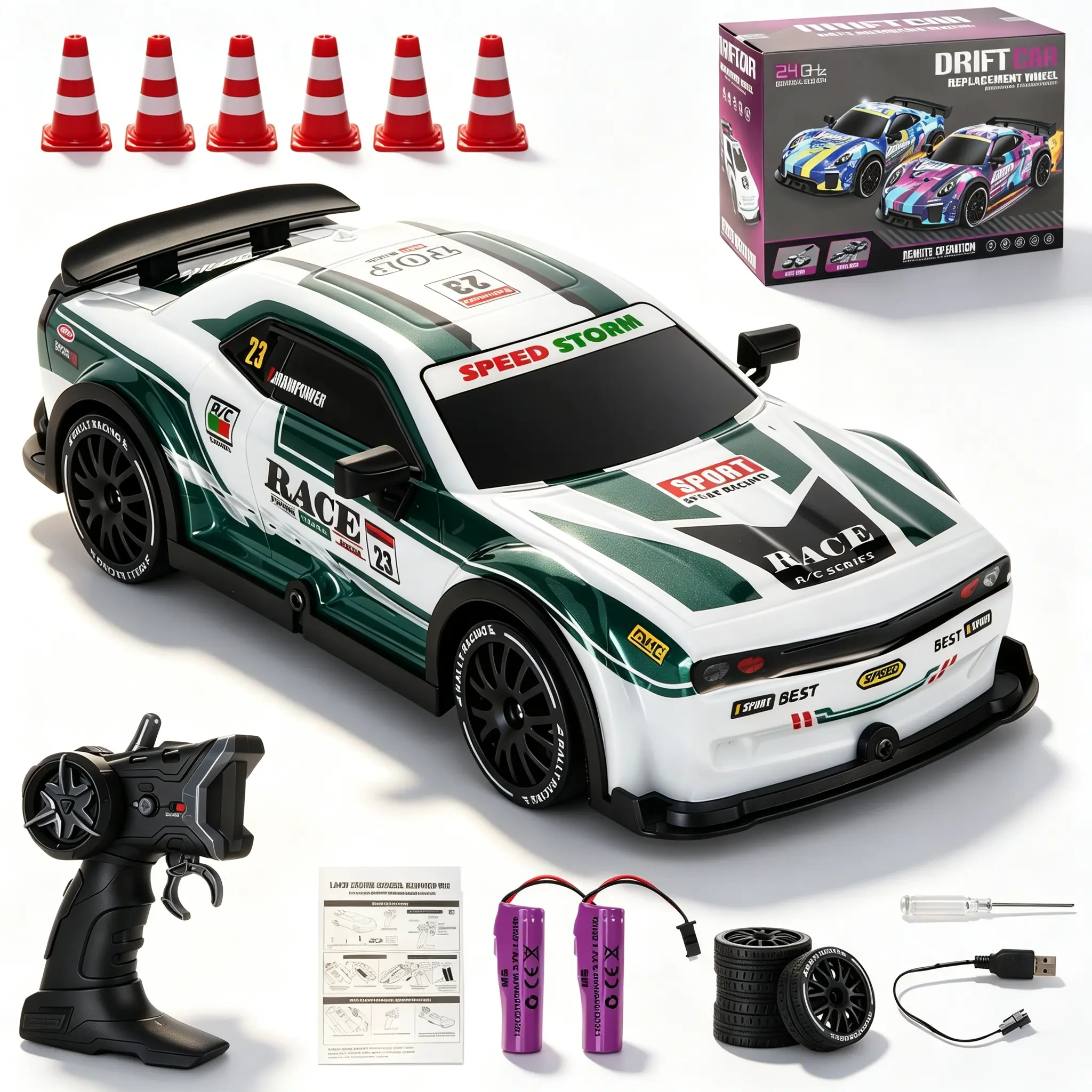 4WD RC Drift Car, 20KM/H High Speed Remote Control Racing Car with LED Lights, Replaceable Drift & Racing Tires, Rechargeable Battery, 2.4G RC Drifting Toy Car Gift for Kids Adults
