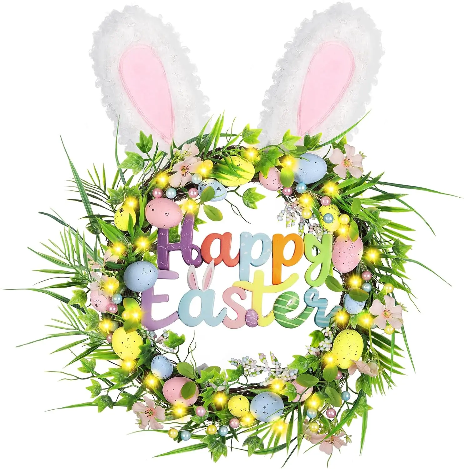 #tiktokshopsummersale，MOREFEEL Bunny Ear Easter Wreath 22（16） Inch Pastel Eggs Daisies Happy Easter Sign for Front Door Porch Window Indoor Outdoor Decor