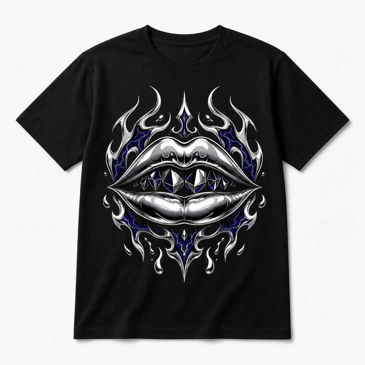 Chrome Fang Mirage Unisex Graphic T-Shirt, Cyber Goth Metallic Lips Tee, Dark Futuristic Streetwear Shirt