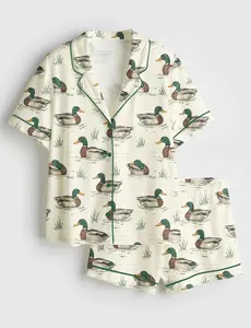 Women’s Watercolor Mallard Duck Wildlife Print Short Sleeve Silk Satin Pajama Set Soft Sleepwear