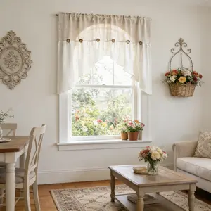 1PC Beige Linen Farmhouse Curtain Swag for Living Room Button Kitchen Curtain Valance Privacy Rod Pocket Boho Window Tiers for Small Windows Bathroom Bedroom