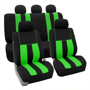 Striking Striped Polyester Full-Set Green Car Seat Covers, Washable Hook-and-Loop Airbag-Safe Automotive Interior Decoration, Car Seat Decorative Cushion