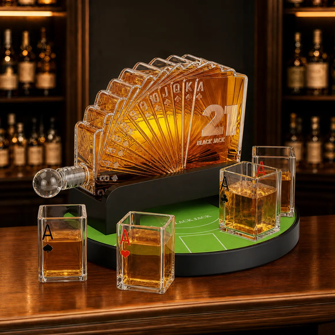 Man Cave Bar accessories,Kollea 37.2Oz Blackjack Whiskey Decanter Set,Casino Style Poker Stand & 4 Glasses,Luxury Gift Box,Empty Decanter,No Alcohol Included,Christmas&Valentine&Birthday Gifts for Men,Dad,Boyfriend,Game Day Drinkware,sohochic
