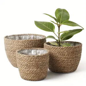 3-piece natural beige woven seaweed vase - lightweight indoor/outdoor flowerpot, farmhouse style circular flowerpot, open design, durable woven texture, suitable for courtyard, balcony, living room decoration - outdoor plant container