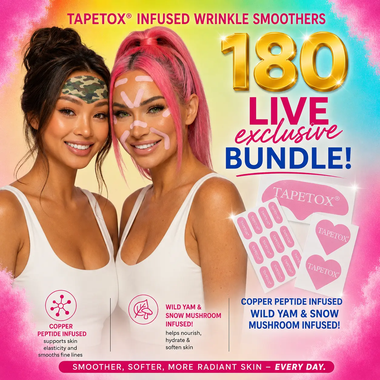 Live Exclusive! 180 Tapes Infused wrinkle smoothers, bundle, TapeTox, Heart shape K-beauty, Japanese face tape, vegan face tape, cruelty-free, over 40 beauty, clean beauty, anti-aging, elevens, crows feet, smile lines, forehead lines, frown lines