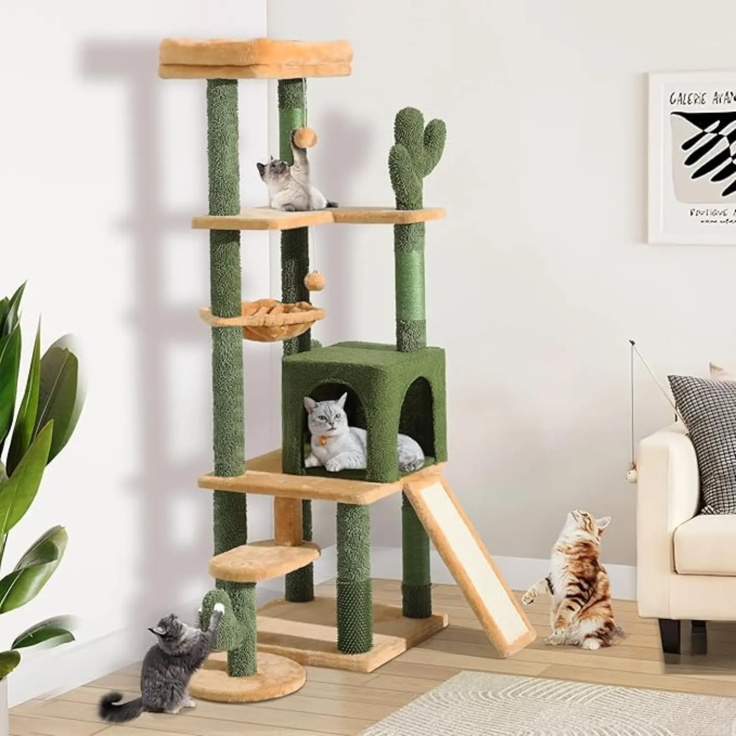Yitahome Tall Cactus Cat Tree Tower with Self-Grooming Brush, Cute Cat Climbing Tower for Indoor Cats with Cat Condo, Top Perch, Basktet, Sisal Scratching Posts and Board,Toy Balls