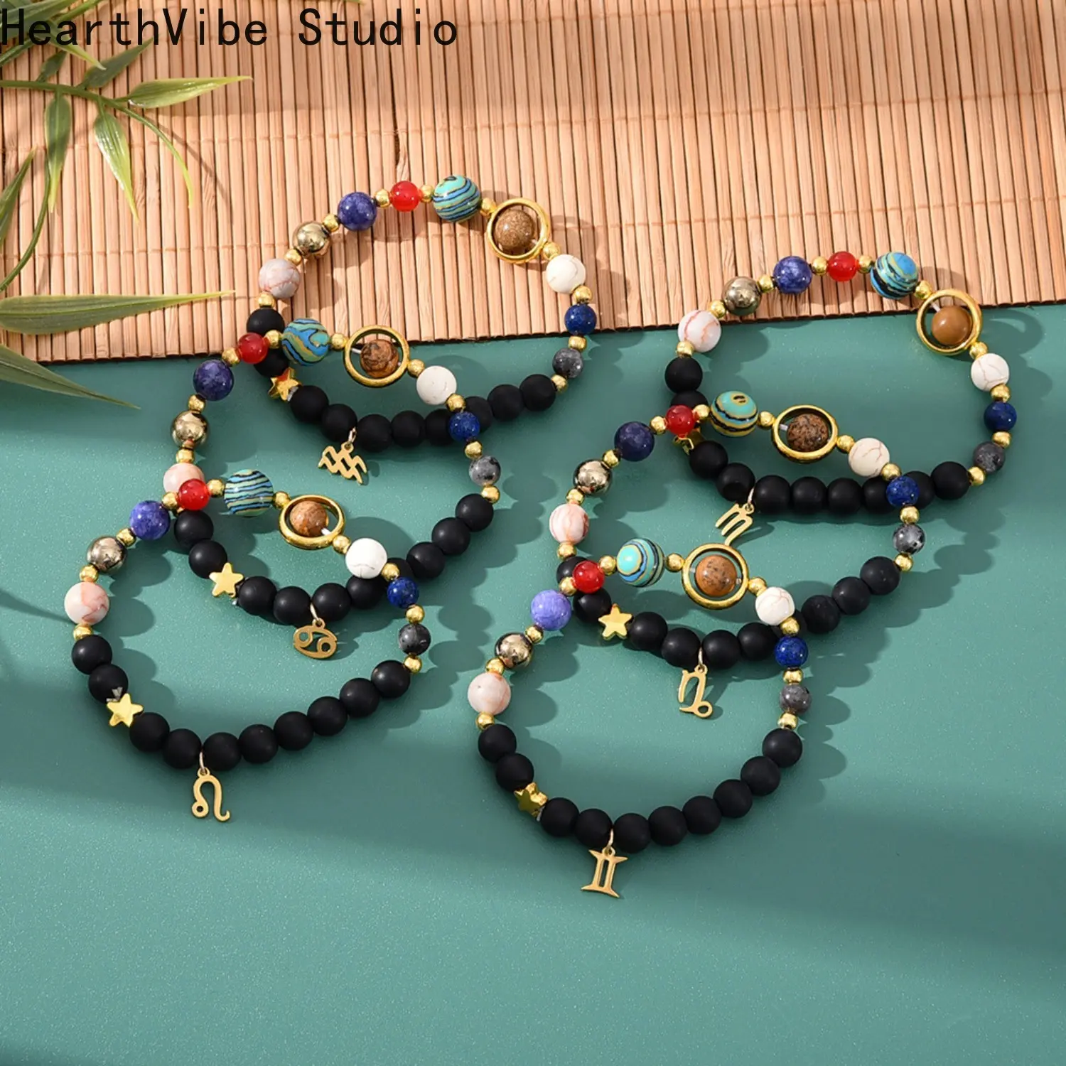 Dainty Crystal Bracelet, Solar System & Constellation Design, Handmade Natural Stone Beads, Unisex Stackable Style with Zodiac Charm, Couple's Sports Gift, Aries, Crystal Beads, Zodiac Signs