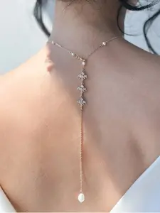 Artificial Pearl Back Chain Necklace,Fashion Necklace,Durable Fashion Accessory,Leaves Rhinestone BackDrop Jewelry,Wedding Bridal Long Pearl Back Necklace Jewelry for Women Backless Dress