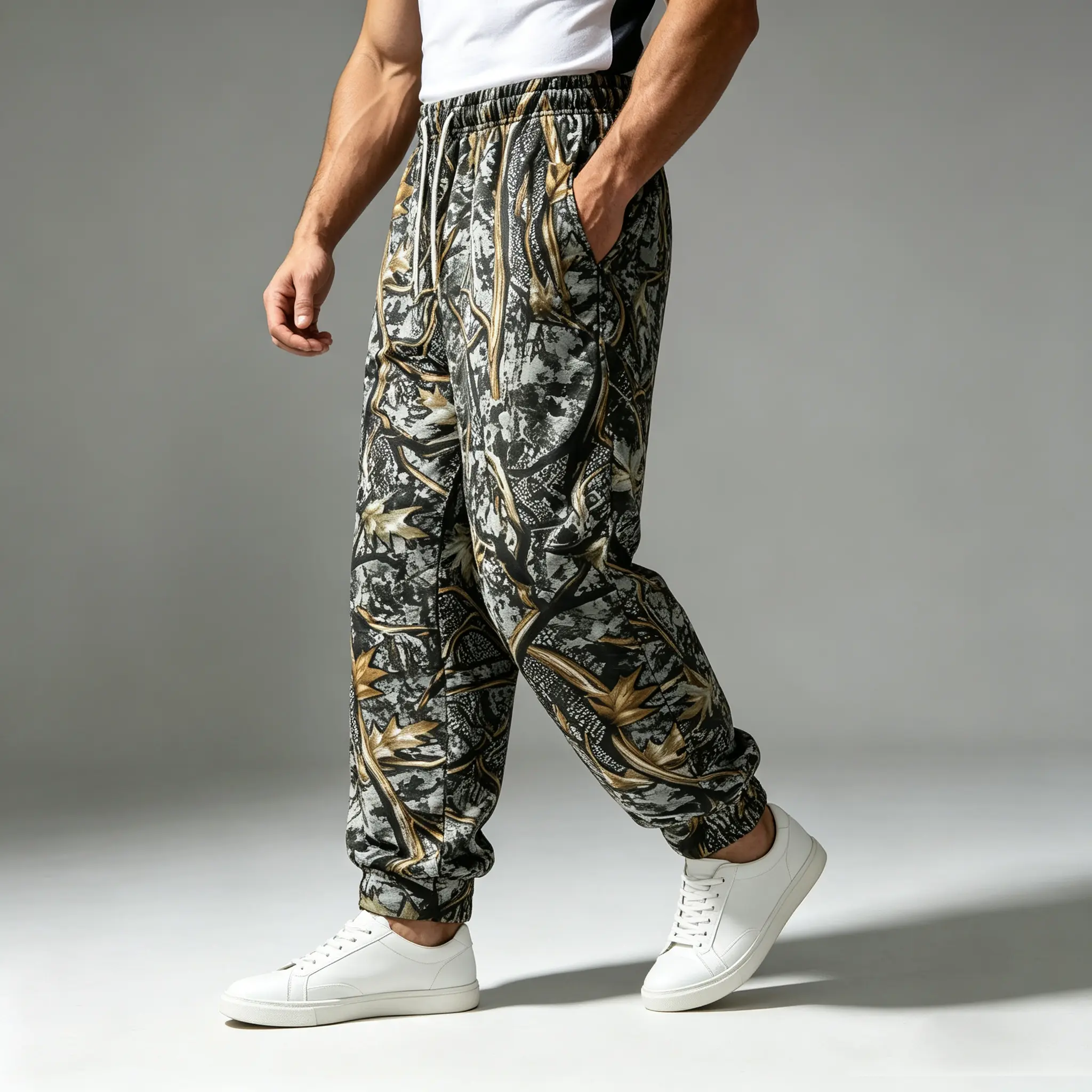 Men's Retro Jungle Maple Leaf Camouflage Streetwear Joggers - Loose Fit, Drawstring High Waist, Polyester, Large Pockets, Machine Wash, Spring-Autumn Outdoor Street Style Athletic Long Pants