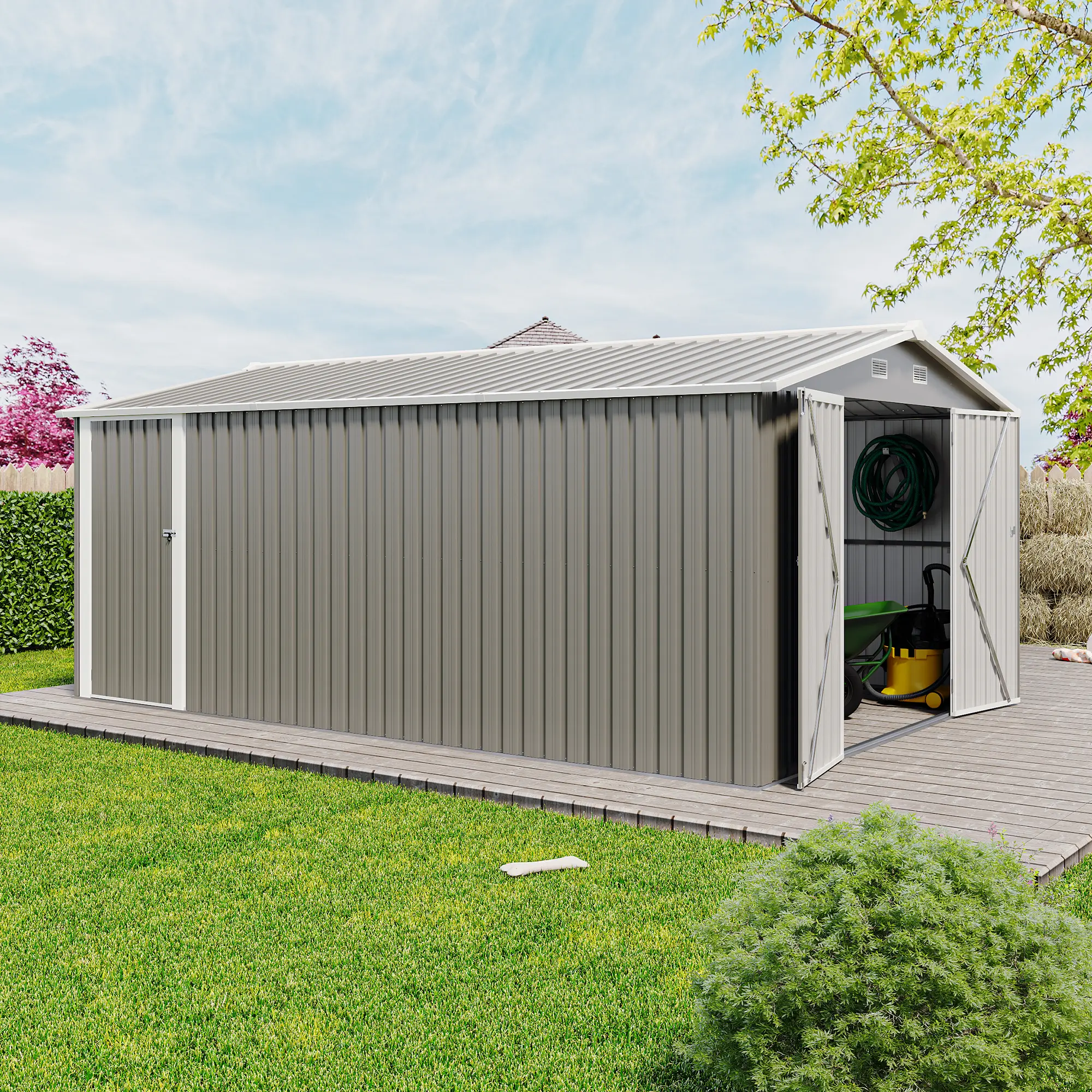 Sturdy 10x14 FT Large Metal Storage Shed - 0.25mm Thick Steel Plates, Weatherproof Workshop Utility Building, Light Grey, 3 Lockable Doors, 4 Adjustable Vents, Sloped Roof for Backyards, Gardens